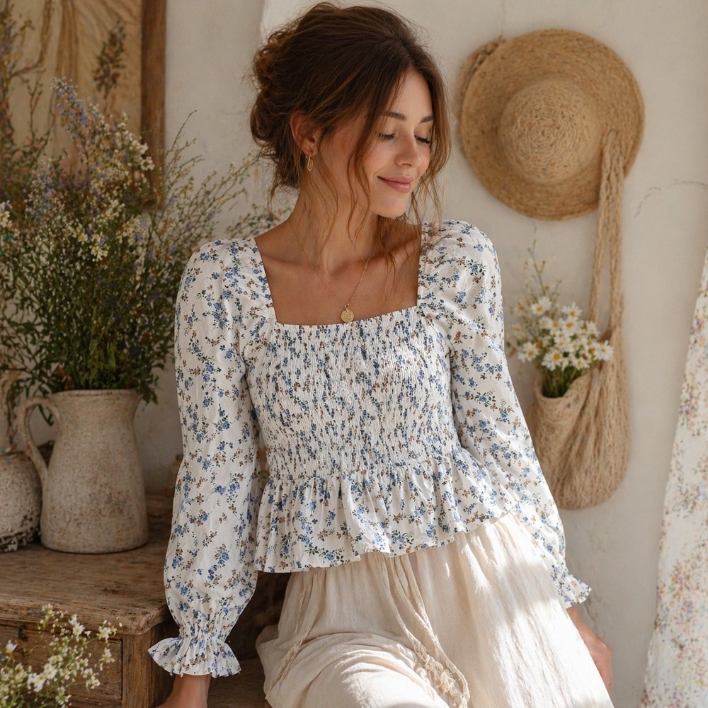 Dizzy Lizzy Cottagecore Top MEDIUM Peasant Boho Hippie Feminine Floral Smocked